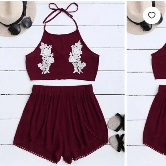 Lace Floral Halter Crop Top and Shorts - Picture 1 of 6